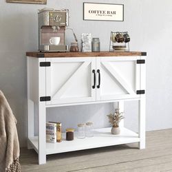 Farmhouse Coffee Bar Cabinets with Doors and Shelves, White Buffet Cabinet Storage, Small Barn Door for Dining Room, Console Table, Entryway
