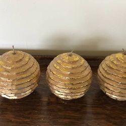 NEW Set of 3 Ridged Gold Metallic Candle Balls