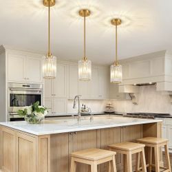 3 Pack Brushed Gold Pendant Lights Kitchen Island,Modern Crystal Chandelier Kitchen Pendant Lighting