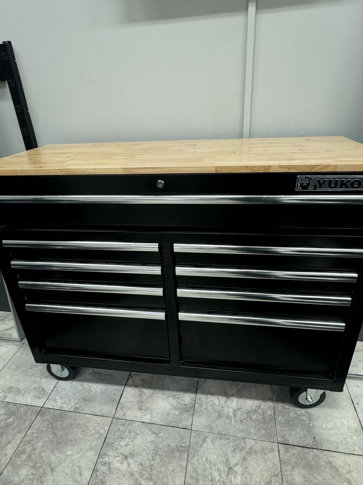 YUKON 46 in., 9-Drawer Mobile Storage Cabinet with Solid Wood Top, Black