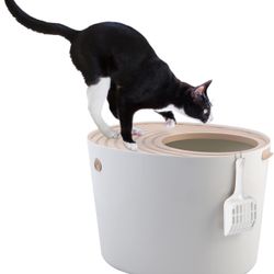 Iris Ohyama Cat Litter Box with Scoop, Up to 15.4 lbs, Beige, Top Entry, Cat Litter Pan, Enclosed, Kitten Litter Box, High Sided, Hooded, Large, Giant