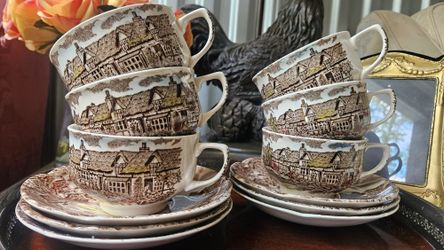 Vintage Johnson Bros Countryside Tea Cups And Saucers