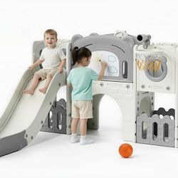 10-in-1 Large Toddler Slide Set, Kids Slide Climber Playset with Drawing Board, Basketball Hoop, Sturdy Baby Playground, Indoor Outdoor Playhouse for 