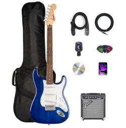 Fender Squier Sonic Stratocaster Pack - Sapphire Blue Transparent Bundle with Frontman 10G Amp, Instrument Cable, Strap, Tuner, Picks,