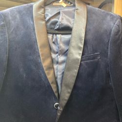 Men’s  Velvet Blazer Blue With Black Satin Lapels 