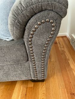 Gray Fabric Sofa with Nailhead Trim