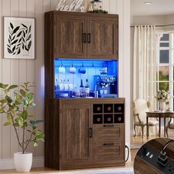 72" Tall Kitchen Pantry Cabinet with LED Light & Outlet, Kitchen Hutch Coffee Bar with Microwave Stand, Wine Rack, Drawers and Storage Shelves, Cupboa