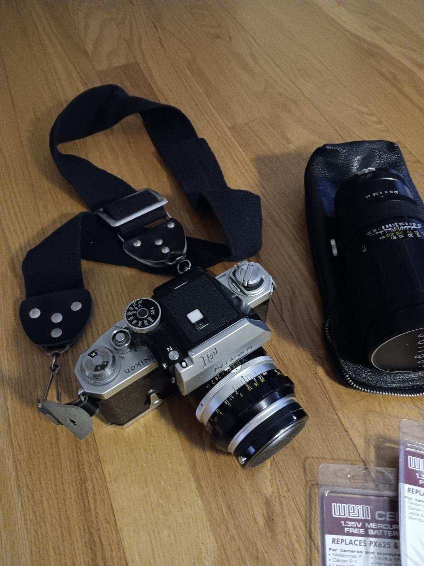 Vintage Camera. Classic Nikon F Camera with extra professional Lens and Flash and accessories. Great Shape!