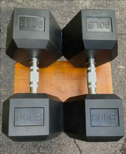 PAIR OF 90 LB. NEW RUBBER HEX DUMBBELLS