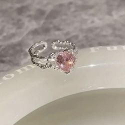 Pink Love Heart Zircon Tin Foil Texture Open Ring