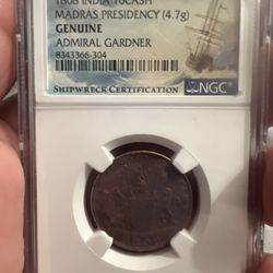 NGC ADMIRAL GARDNER SHIPWRECK 1808 India 10 Cash Madras Presidency SEA SALVAGED