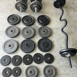 Weight Plates Total Of 195lbs With 2 Dumbbells And Curl Bar