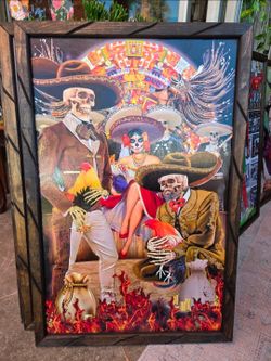 Decorative wooden wall art featuring an art print inspired by Day of the Dead and Mexican culture.