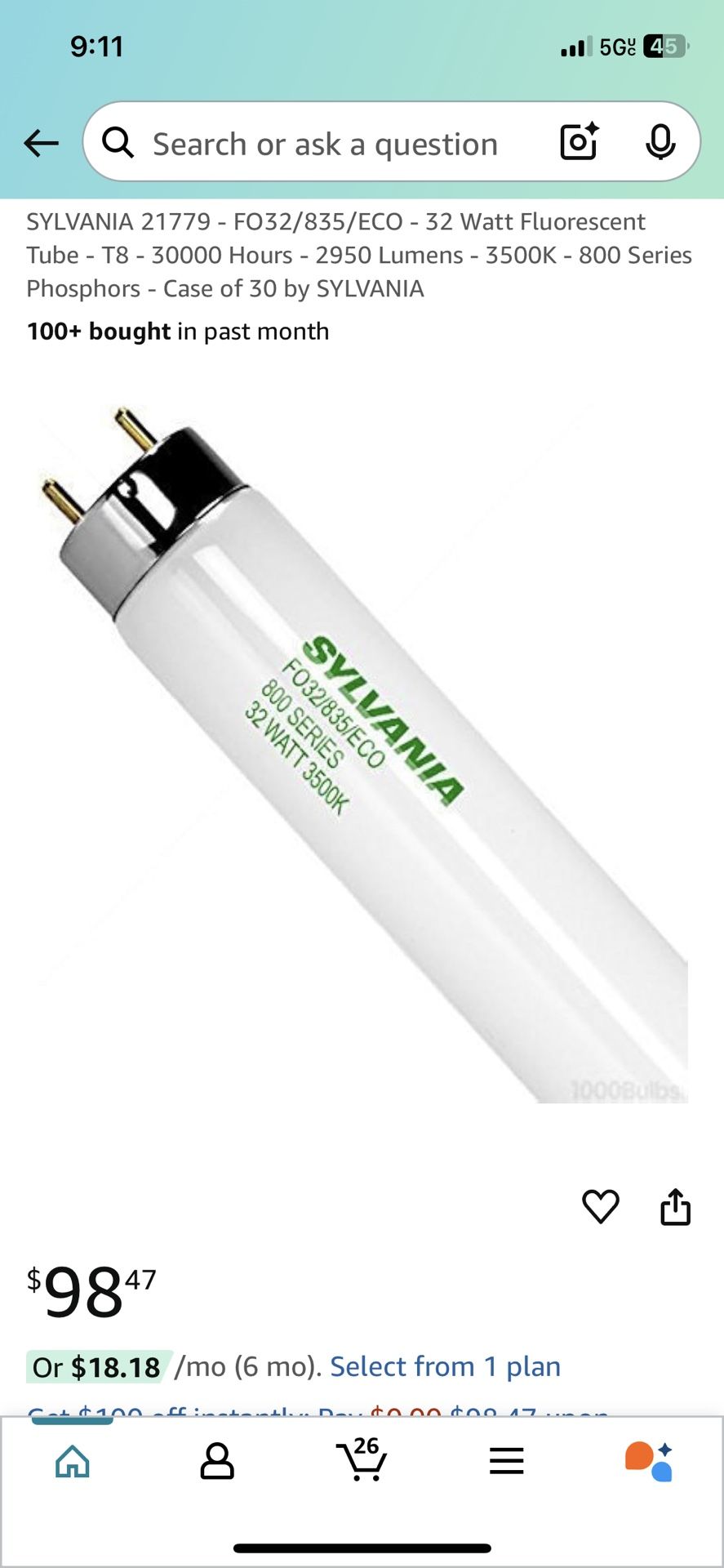 sylvania fluorescent tubes 32 Watts 6500k Finish.