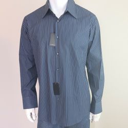 Hugo Boss NWT Size 17.5 34/35 Dark Blue Striped Long Sleeve Cotton Dress Shirt 