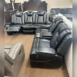 2 Pieces black breathing leather recliner sofa set