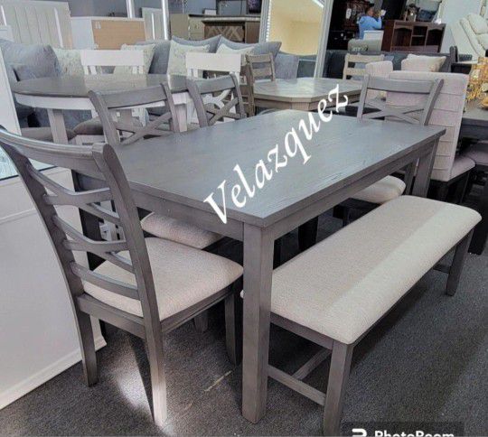 ✅️ 6 pc gray finish wood dining table set padded seat chairs and bench. 