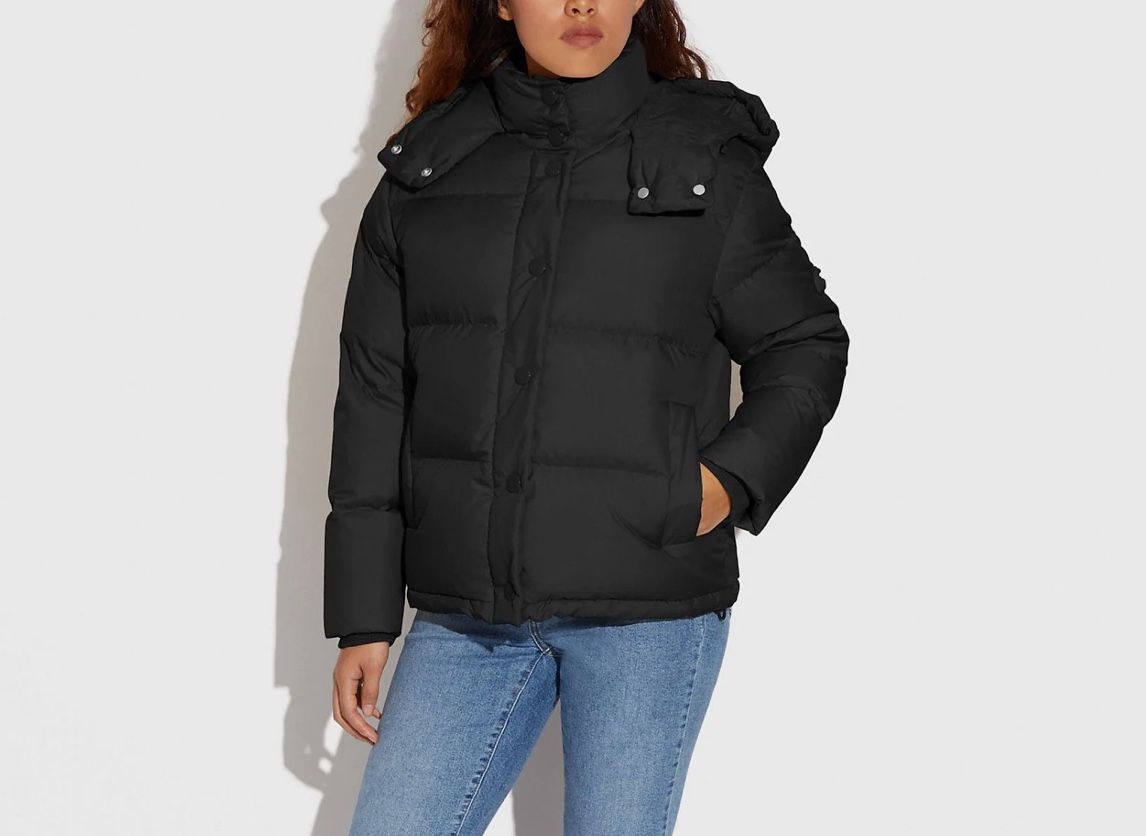 Coach Women's Size M Short Duck Down Puffer Black Hooded New Logo Jacket Coat