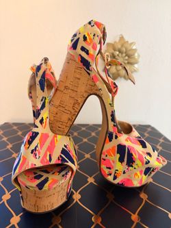 Neon Print Cork Platform Heels