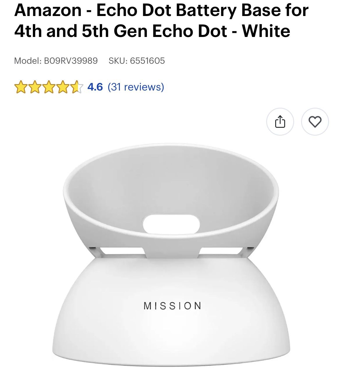 Mission Battery Base for Amazon Echo Dot (Portable Power, New in Box)