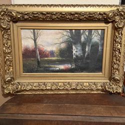 Antique original Oil Painting not signed landscape with gorgeous gold frame 27x19