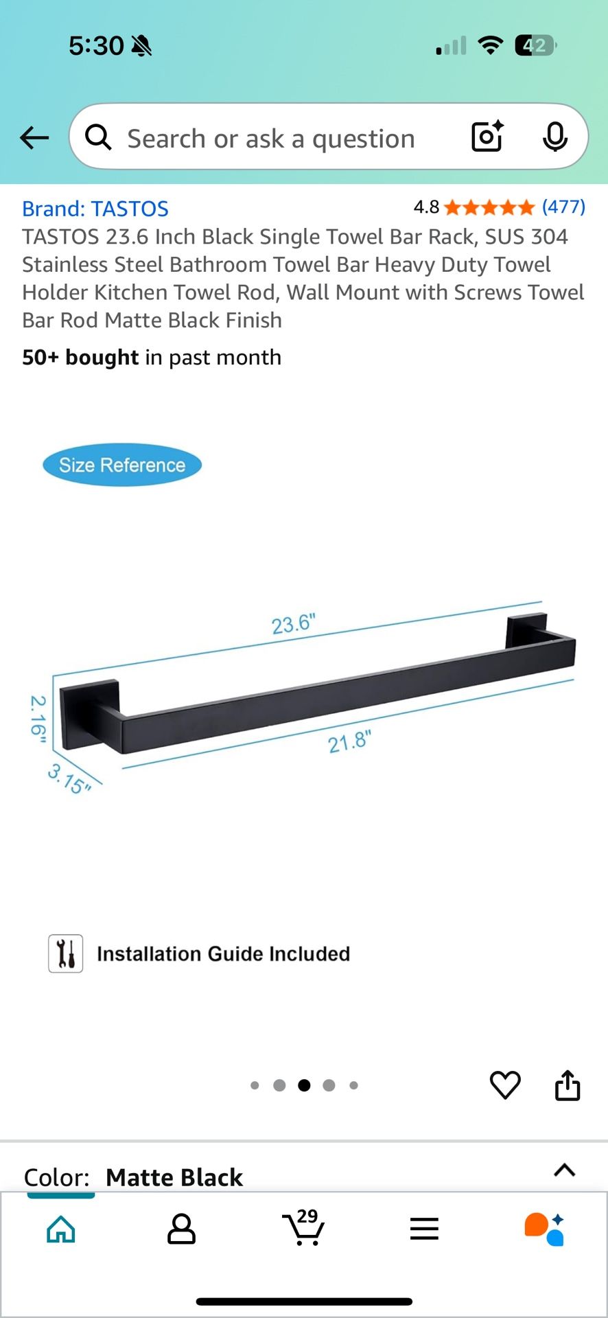 TASTOS 23.6 Inch Black Single Towel Bar Rack,