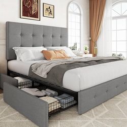 Queen size platform bed frame with 4 storage drawers gray