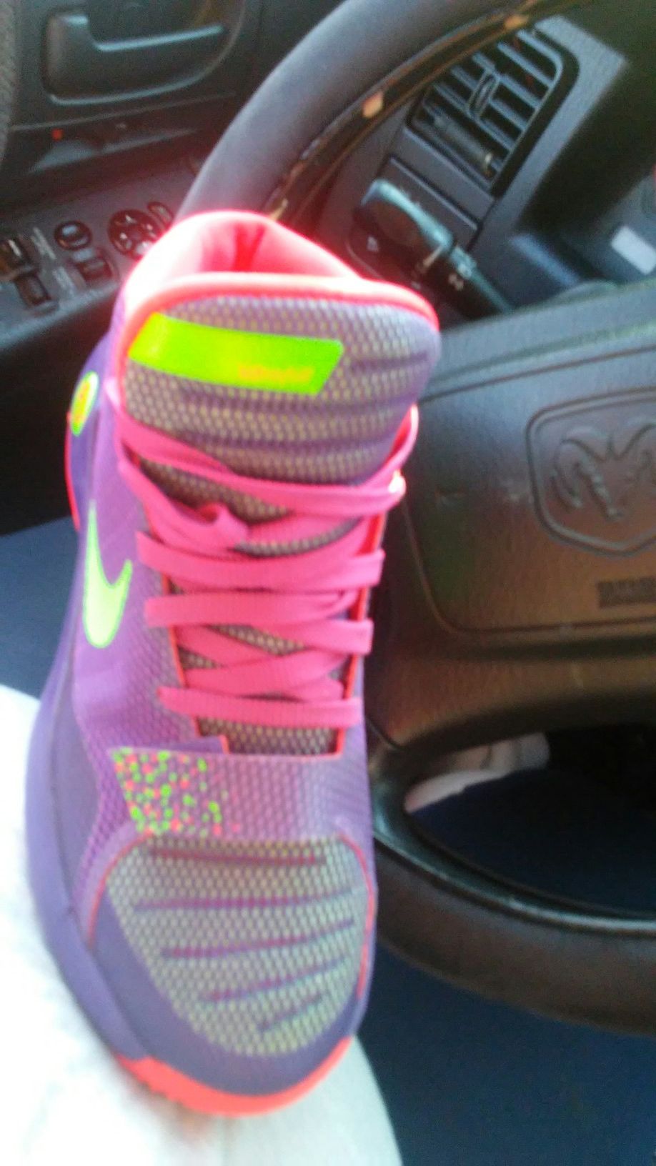 Neon green purple neon orange pink shoe strings Nike KDs