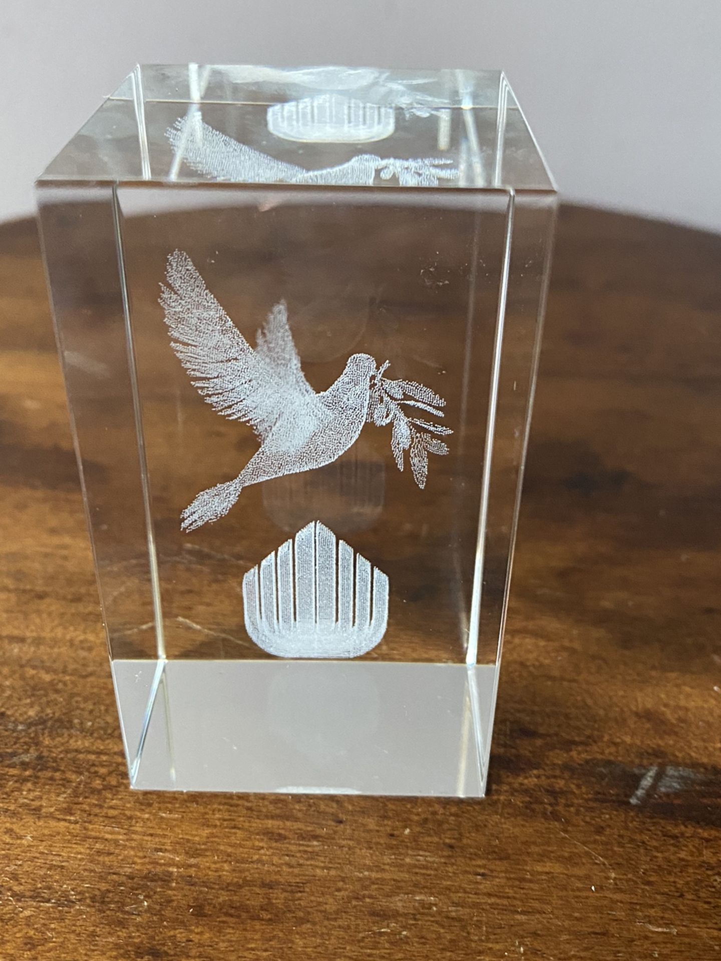 Glass prism paperweight with State of Israel emblem and Dove of Peace.