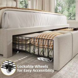 🔥ON SALE 900LBS Upholstered Bed Frame,With 3 Storage Drawers,With Adjustable Headboard - Full / Beige 