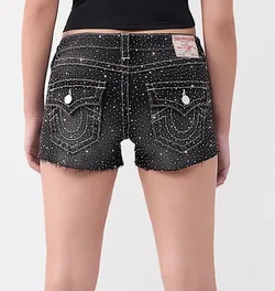 TRUE RELIGION: Joey Low Rise Crystal Cut-Off Shorts Thunder Bloom