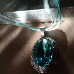 Deluxe .925 Sterling Silver Blue Crystal pendant 2.5" long blue ribbon necklace