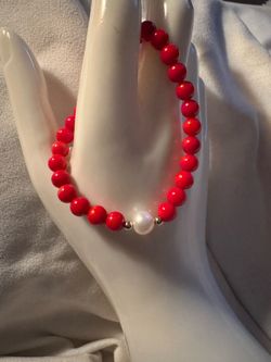 Vintage Mediterranean Red Coral, Genuine Pearl & 14K Solid Gold Beaded Stretch Bracelet
