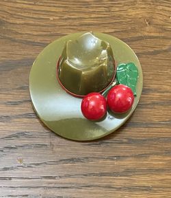 Vintage Bakelite Green Hat Brooch With Red Cherries 