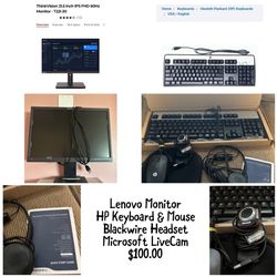 Lenovo Monitor HP Keyboard + Accessories