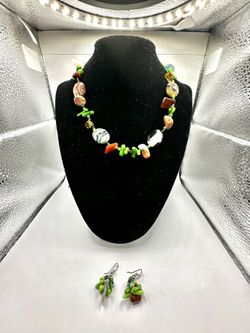 16" Beaded Green Dyed Coral and Jasper Necklace and Matching Earrings