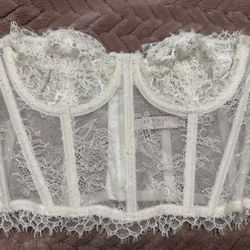 Victoria’s Secret Corset Long Line Bra Crop Top Strapless White Lace Size 32B