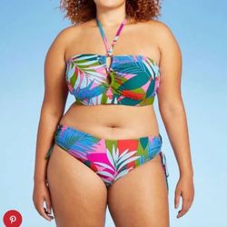 Lace-Up Halter Longline Bandeau Bikini Tropical