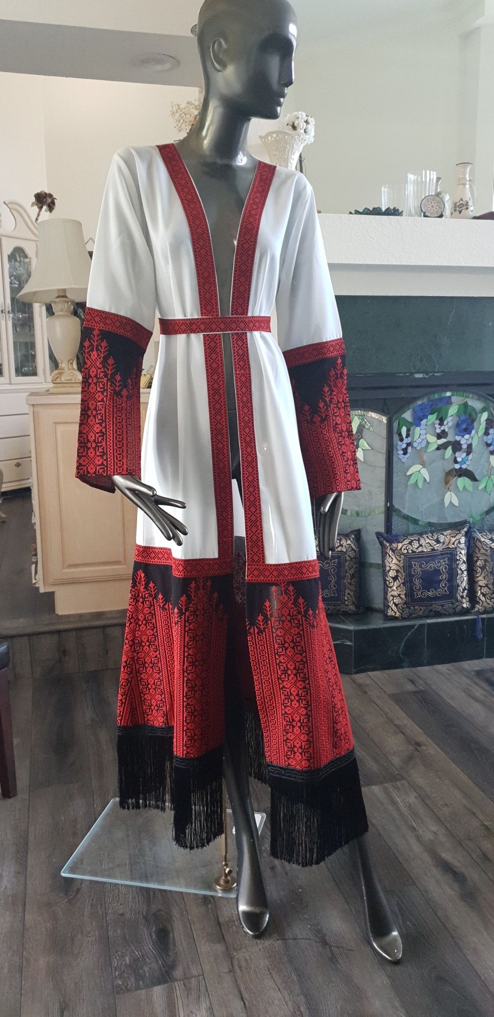 White Chiffon Abaya / Kaftan / Thobe with red Embroidery Modern Style with black Fringe from the bottom