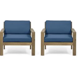 GDFStudio Outdoor Acacia Wood Club Chairs with Cushions (Set of 2), Brushed Light Brown and Dark Teal