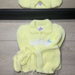 New Vintage 1970s Kids Toddlers Set Embroidered Duck Sweater Hat & Shoes