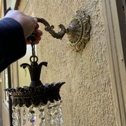 Pair Of Rare Side Mount Brass & Crystal Sconces 