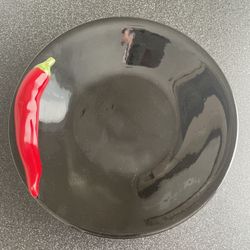 Plate – Black Ceramic With Chili Pepper, Measures 7 3/4 Inches Across