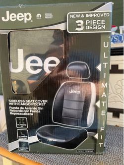 Jeep Deluxe 3-Piece Sideless Seat Cover featuring an embroidered Jeep logo and a cargo pocket.