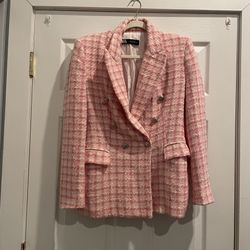 Zara Pink & White Knit Checkered Blazer With Shoulder Pads And Buttons