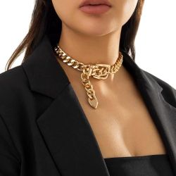 Gold  Buckle Choker, Chain Link, Exaggerated, Statement Necklace, Trendy

