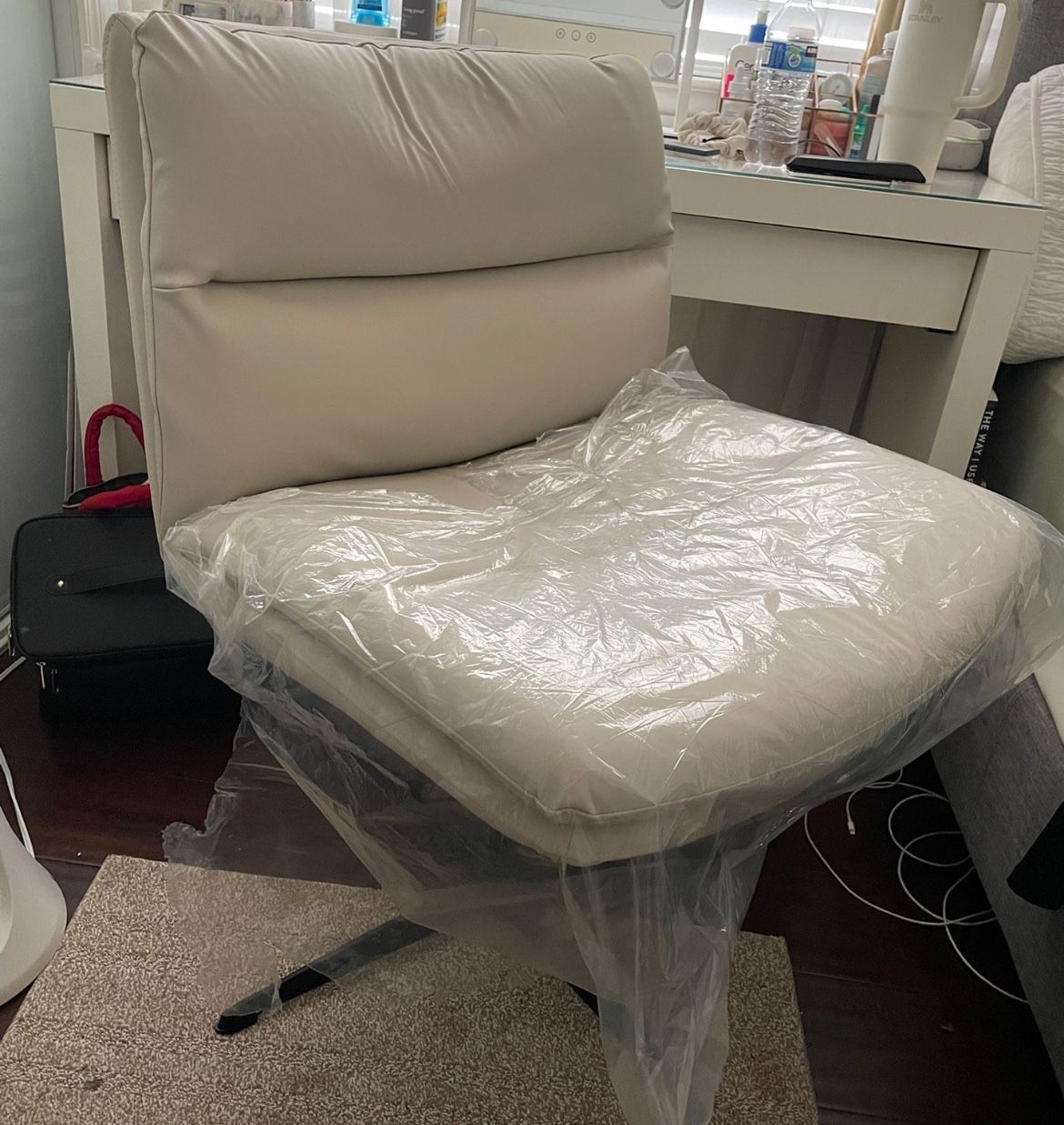 EMIAH Criss Cross Armless Office Desk Chair, No Wheels PU-Padded Vanity Mid-Back Ergonomic Home Computer Comfortable Adjustable Swivel Task Chair with