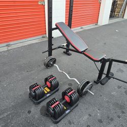 Workout Equipment Set Adjustable Dumbbells, Weight Bench, and Weights