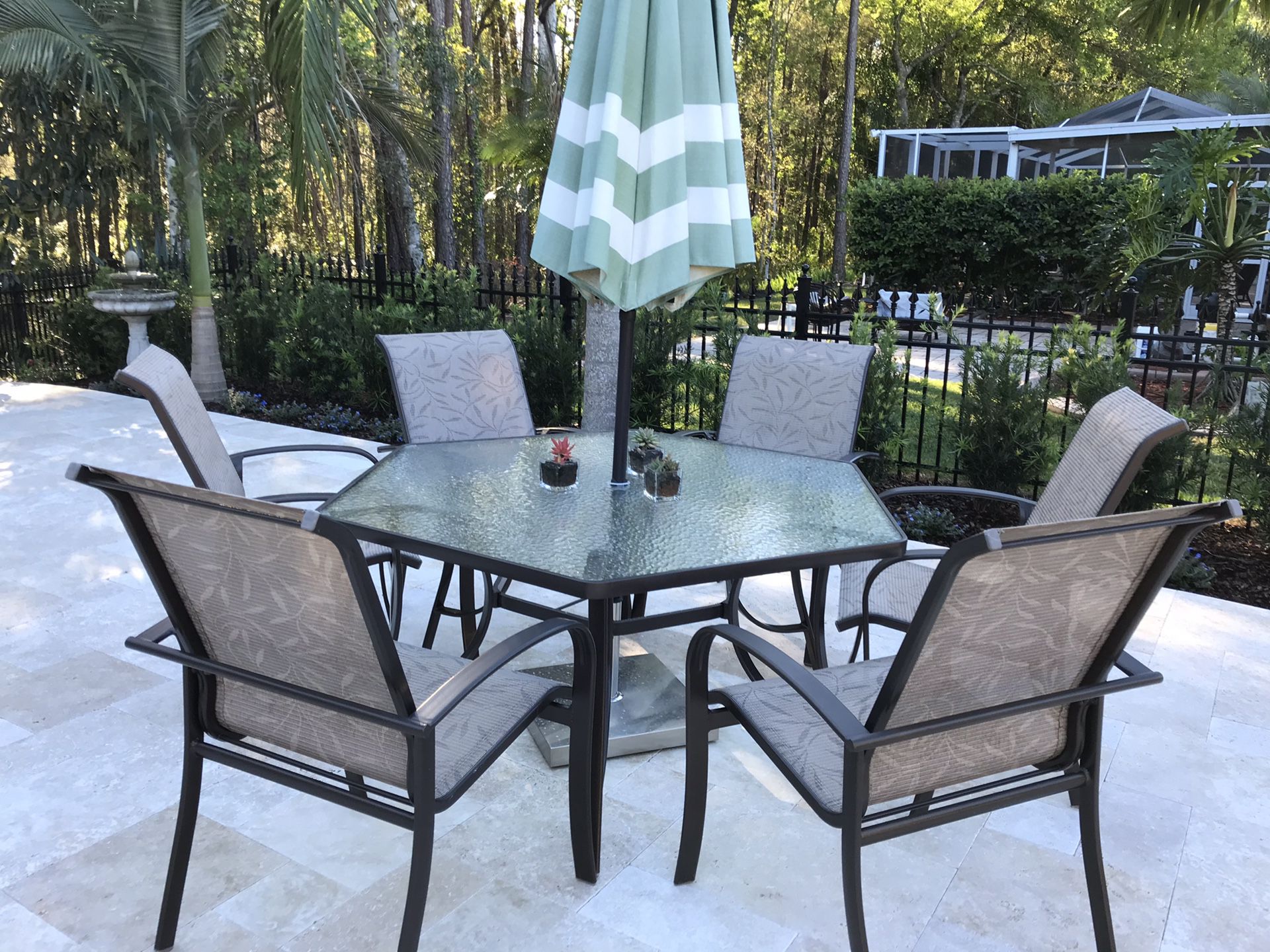 Outdoor Dining Set, Table and Six Matching Sling Chairs