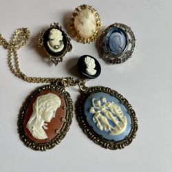 Lot Of 6 Vintage Cameo Pendants And Pins 